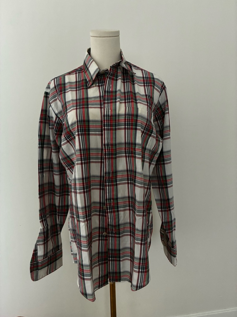 Vintage Chaps Men's Plaid Button-Down Shirt - White, Red & Green Medium